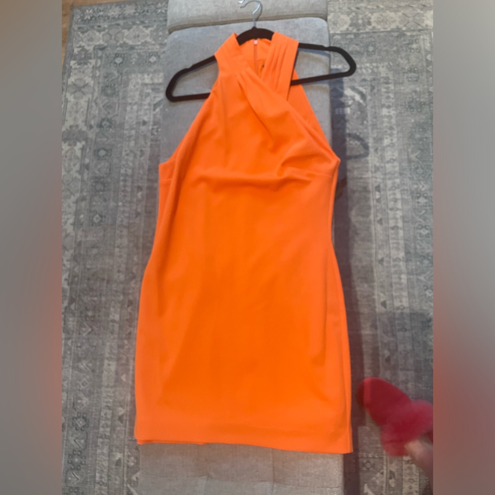 Orange high neck cocktail mini dress